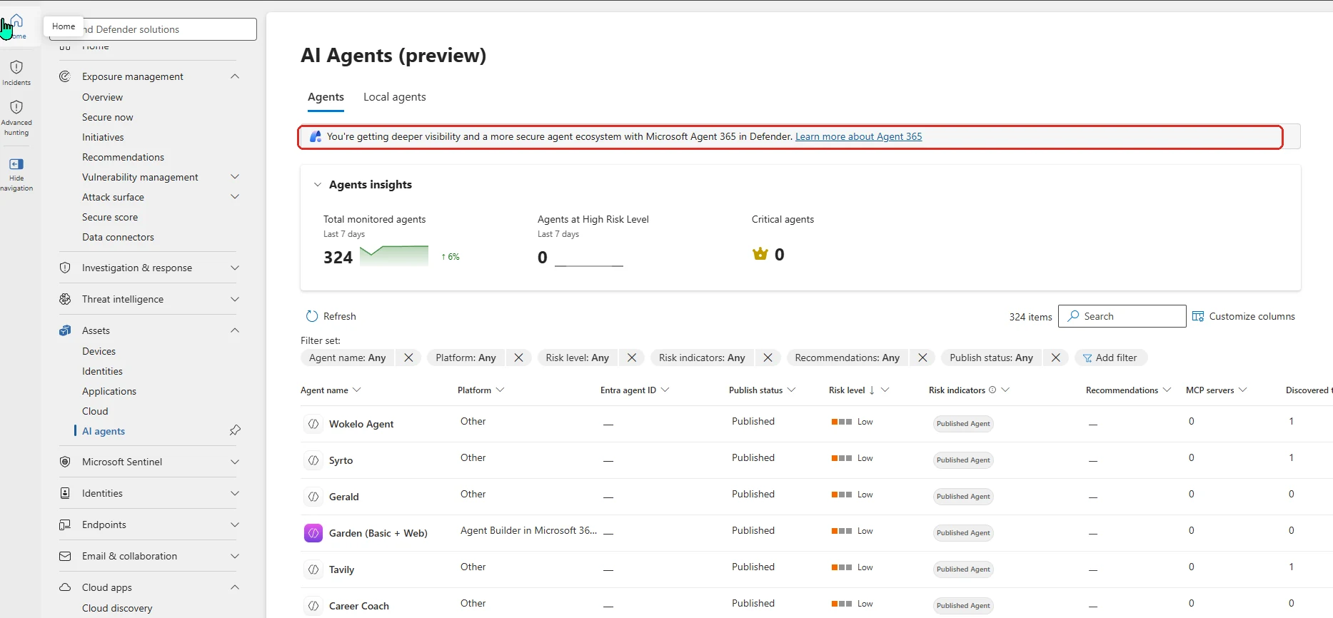Screenshot from Microsoft Defender: the 'AI Agents (preview)' page under Assets, with a banner (red-boxed) reading 'You're getting deeper visibility and a more secure agent ecosystem with Microsoft Agent 365 in Defender', an Agents insights summary (324 total monitored agents, 0 at high risk, 0 critical), and an inventory table of agents — Wokelo, Syrto, Gerald, Garden, Tavily, Career Coach — with Platform, Publish status, Risk level, Risk indicators and MCP servers columns.
