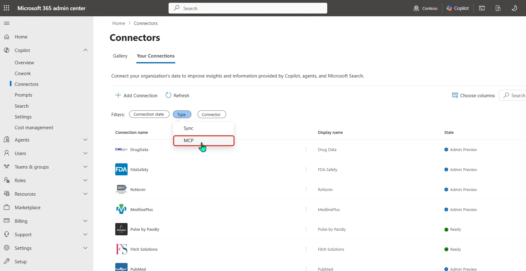 Screenshot from the Microsoft 365 admin centre: the Copilot Connectors page (Your Connections), with the Type filter open on 'MCP' (red-boxed) — showing MCP-based Federated Connectors such as DrugData, FdaSafety, RxNorm, MedlinePlus, Pulse by PassBy, Fitch Solutions and PubMed, each with a connection state of Admin Preview or Ready.