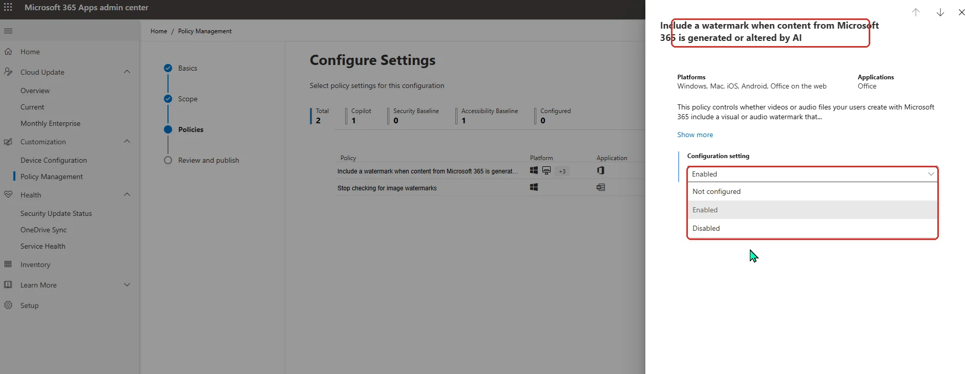 Screenshot from the Microsoft 365 Apps admin center: a Cloud Policy configuration in Policy Management, with the policy 'Include a watermark when content from Microsoft 365 is generated or altered by AI' (red-boxed) — covering Windows, Mac, iOS, Android and Office on the web — and its Configuration setting dropdown (red-boxed) set to Enabled, with Not configured and Disabled as the other options.