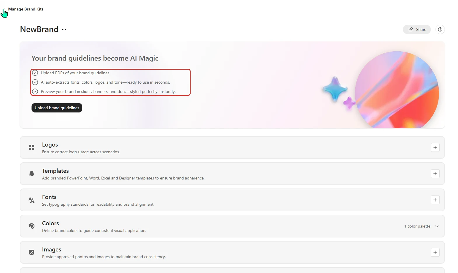 Screenshot from a Microsoft 365 Copilot tenant: the Manage Brand Kits experience for a new brand kit, with a banner headed 'Your brand guidelines become AI Magic' and the steps (red-boxed) 'Upload PDFs of your brand guidelines', 'AI auto-extracts fonts, colors, logos, and tone — ready to use in seconds' and 'Preview your brand in slides, banners and docs', plus an 'Upload brand guidelines' button and sections for Logos, Templates, Fonts, Colours and Images.