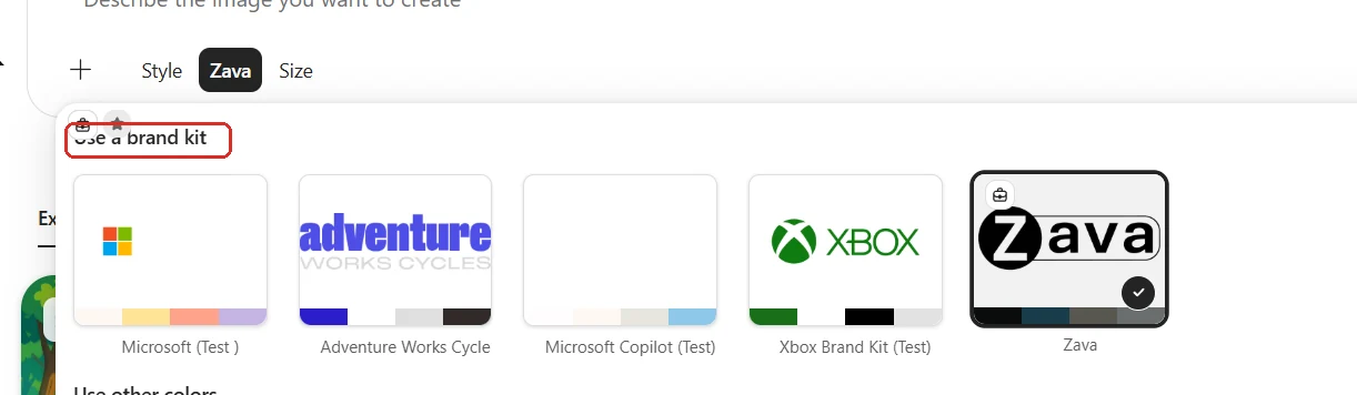 Screenshot from a Microsoft 365 Copilot tenant: generating an image in Copilot Chat with the 'Use a brand kit' picker open (red-boxed), letting you apply your organisation's brand kit — Microsoft, Adventure Works Cycle, Xbox, Zava and more — to the visual in one click before you generate.