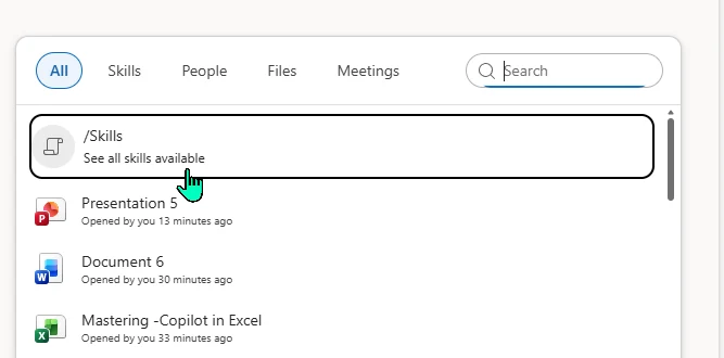 Screenshot of Copilot in SharePoint: typing '/Skills' in the chat box surfaces a 'See all skills available' option alongside recent files, letting you discover the reusable skills on a site.
