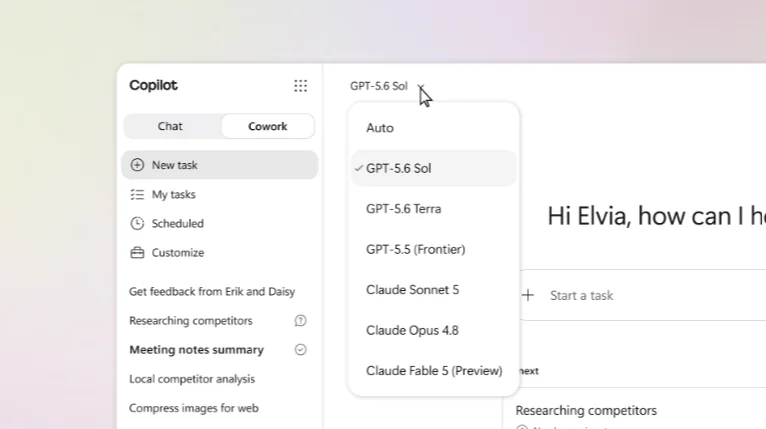 Official Microsoft screenshot: the Microsoft 365 Copilot Cowork model picker, showing GPT-5.6 Sol, GPT-5.6 Terra, GPT-5.5 (Frontier), Claude Sonnet 5, Claude Opus 4.8 and Claude Fable 5 (Preview) as model options.