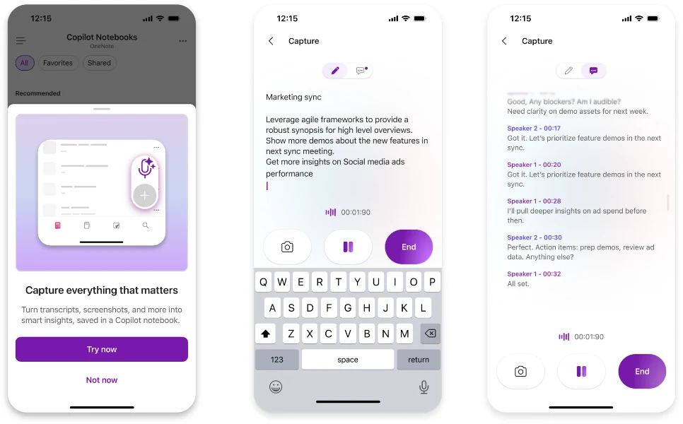Official Microsoft image showing Copilot Notebooks Capture on iPhone: the Capture entry point, a live session combining typed notes, audio and a camera button, and a generated speaker-separated transcript.