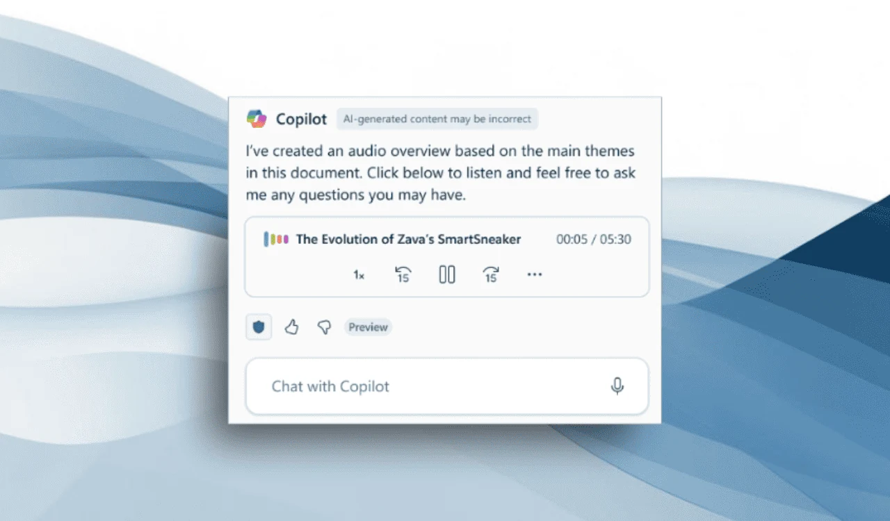 Official Microsoft image: Copilot in Word has created an Audio Overview — 'I've created an audio overview based on the main themes in this document. Click below to listen and feel free to ask me any questions you may have' — with an audio player (The Evolution of Zava's SmartSneaker, 00:05 / 05:30, playback controls) and a 'Chat with Copilot' box with a microphone for asking questions out loud while it plays.