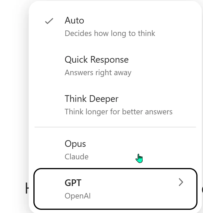 The Microsoft 365 Copilot Chat model switcher open, showing the response styles Auto, Quick Response and Think Deeper, plus two model families — Opus, labelled Claude, and GPT, labelled OpenAI.