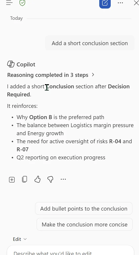 Copilot in Word showing a completed edit — 'Reasoning completed in 3 steps' — after adding a Conclusion section to a demo strategy document, with follow-up suggestions and an Edit menu.