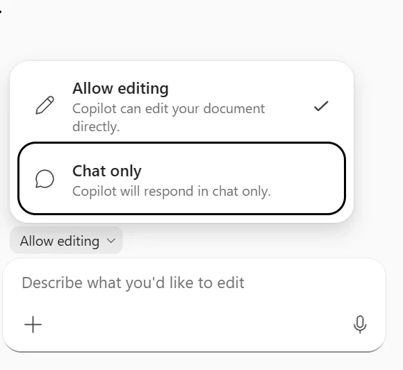 The Copilot editing-mode menu in Word, showing two options — 'Allow editing' (Copilot can edit your document directly), which is selected, and 'Chat only' (Copilot will respond in chat only).