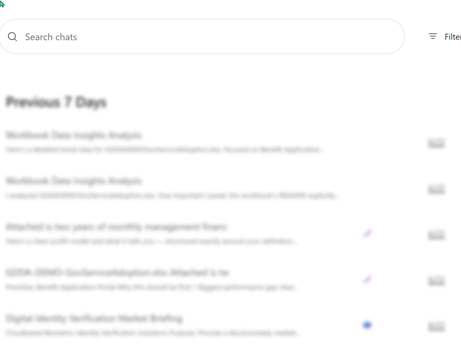 The Copilot chat-history search pane, with a 'Search chats' box at the top and a 'Previous 7 Days' list of past conversations below (the conversation details are blurred for privacy).