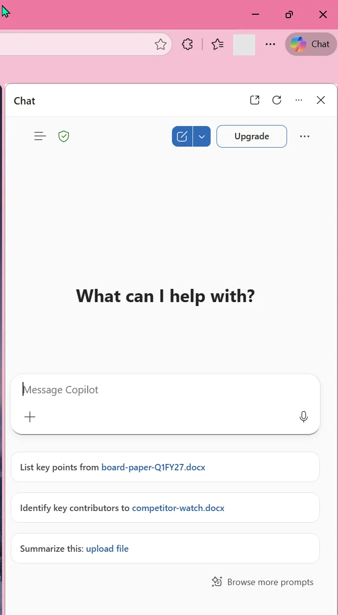 Copilot open in the side panel of Microsoft Edge, with a 'What can I help with?' heading, a 'Message Copilot' box, and suggested prompts such as listing key points from a document.