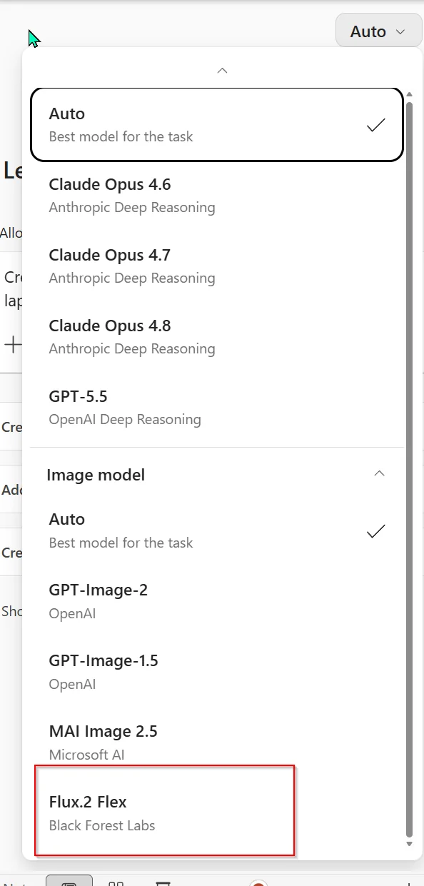 The model picker for Copilot in PowerPoint, showing reasoning models (Auto, Claude Opus 4.6, 4.7 and 4.8, and GPT-5.5) and, under 'Image model', the choices GPT-Image-2, GPT-Image-1.5, MAI Image 2.5 and Flux.2 Flex from Black Forest Labs (highlighted).