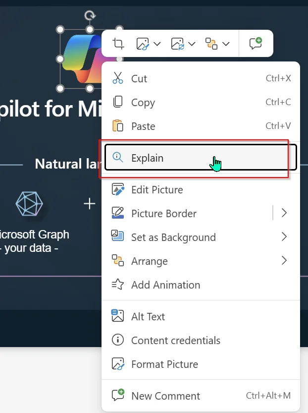 A right-click menu on an image in PowerPoint with the 'Explain' option highlighted, alongside Cut, Copy, Paste, Edit Picture and other actions.