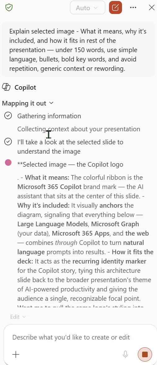 Copilot in PowerPoint explaining a selected image — describing what the Microsoft 365 Copilot logo is, why it's included on the slide, and how it fits the rest of the deck, in short bold-keyword bullets.