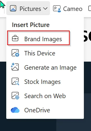 The Insert Picture menu in PowerPoint with 'Brand Images' highlighted, alongside This Device, Generate an Image, Stock Images, Search on Web and OneDrive.