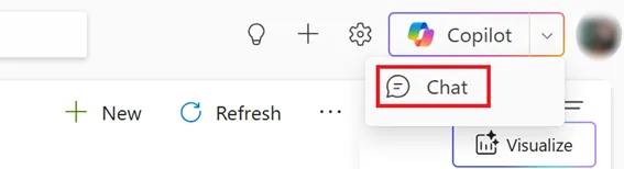 The top command bar of a model-driven Power App, with a purple 'Copilot' button at the top right opened to show a 'Chat' option — the entry point for Microsoft 365 Copilot inside the app, alongside New, Refresh and Visualize.