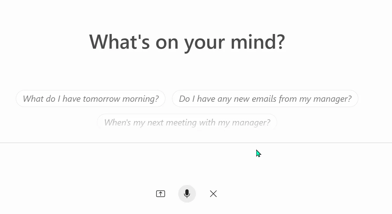 A Microsoft 365 Copilot voice session headed 'What's on your mind?', with suggested questions and a row of controls at the bottom — a share-screen button, a microphone, and a close (X). The share-screen button is how you start Copilot Vision.