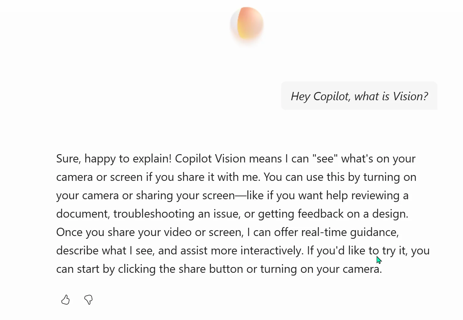 Copilot in voice mode answering 'what is Vision?' — explaining that Copilot Vision can see what's on your camera or screen when you share it, to help review a document, troubleshoot an issue or get feedback on a design.