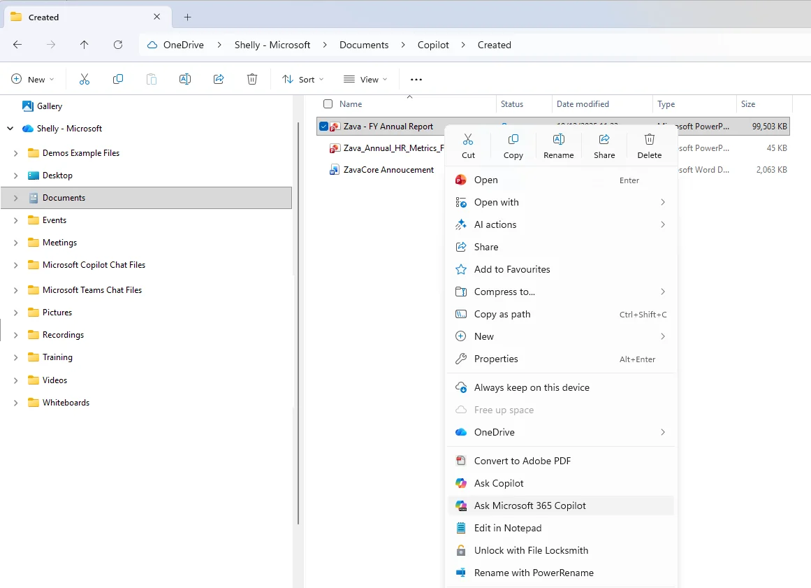 macOS Finder window in a user's OneDrive folder with a right-click context menu open showing the new 'Ask Copilot' and 'Ask Microsoft 365 Copilot' entries among standard Finder actions