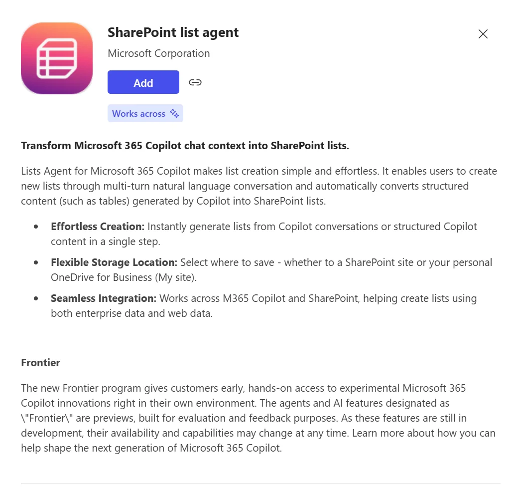 SharePoint list agent detail page in the agent gallery: 'Transform Microsoft 365 Copilot chat context into SharePoint lists' with feature bullets (Effortless Creation, Flexible Storage Location, Seamless Integration) and an Add button