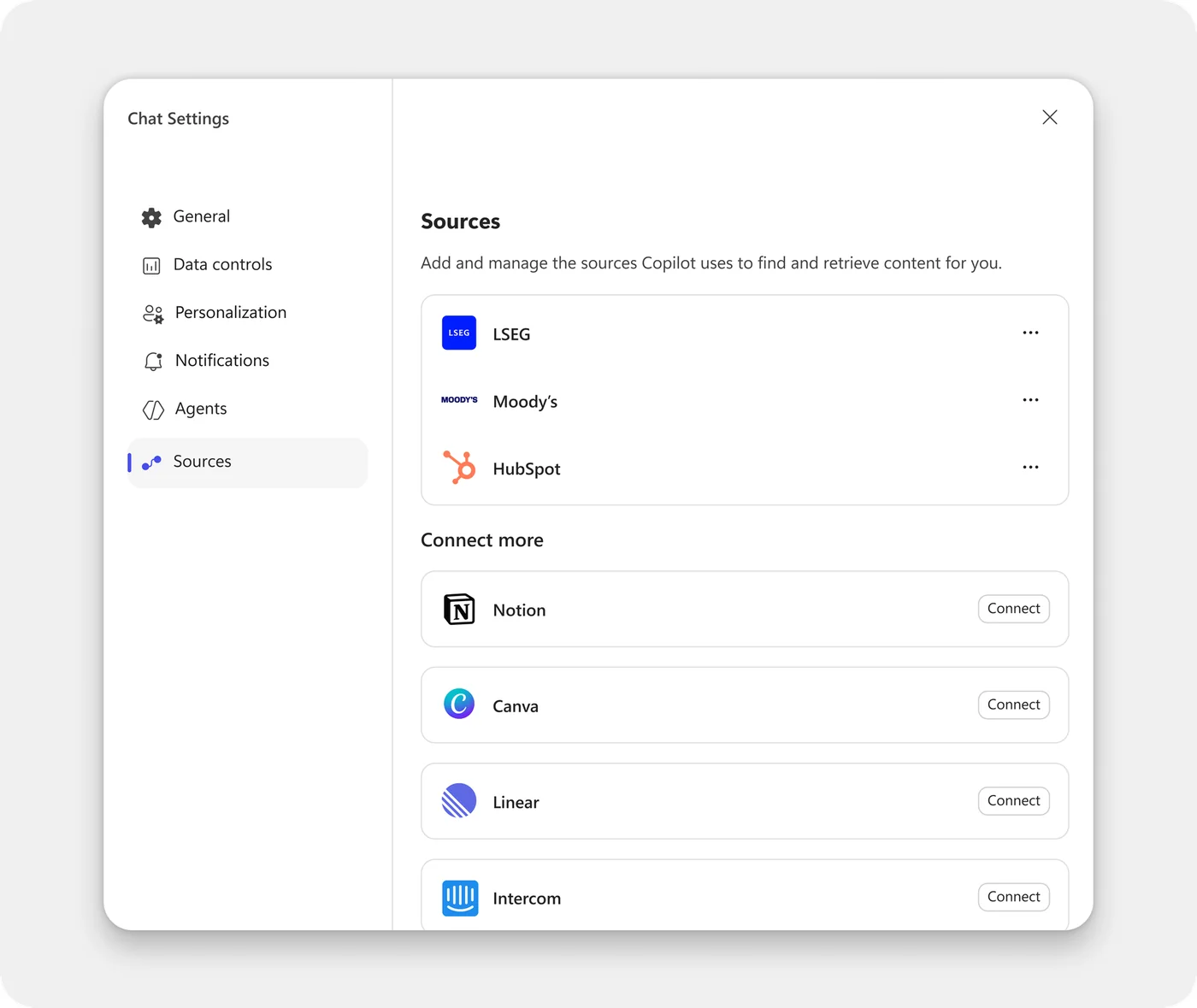 Microsoft 365 Copilot Chat composer with the Sources picker open below the prompt box. The picker lists the available federated connectors — Canva, HubSpot, Linear, LSEG, Moody's, Notion and more — each with a Connect button to authenticate using your own credentials.