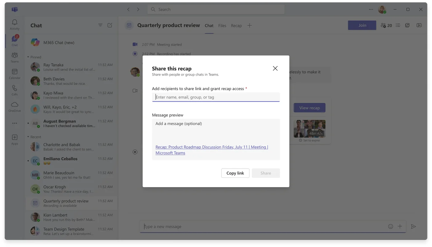 Microsoft Teams Share this recap dialog — the meeting organiser can specify people who weren't in the meeting, and grant them access to the recording, transcript, AI summary and notes at the moment the recap link is shared.