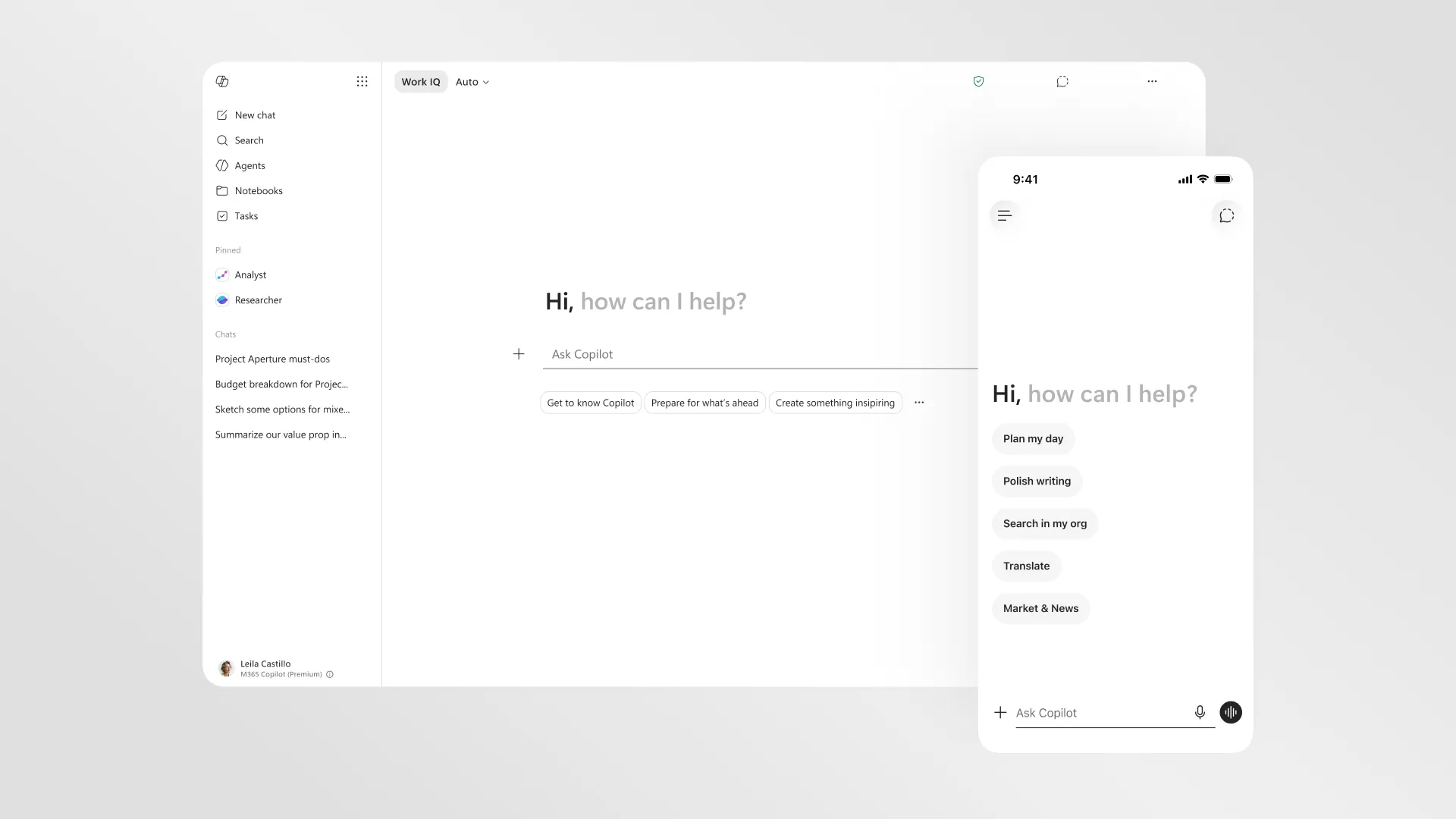 The Microsoft 365 Copilot app showing the work experience — a left sidebar with Agents, Notebooks and Tasks, a 'Work IQ' toggle, and a mobile view with a 'Search in my org' prompt, illustrating that the work version is grounded on your organisation's data
