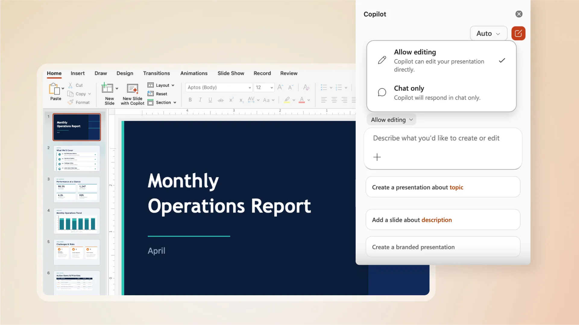 Microsoft 365 Copilot working inside PowerPoint on a 'Monthly Operations Report' deck, with the Copilot pane offering to create or edit slides and an 'Allow editing / Chat only' control