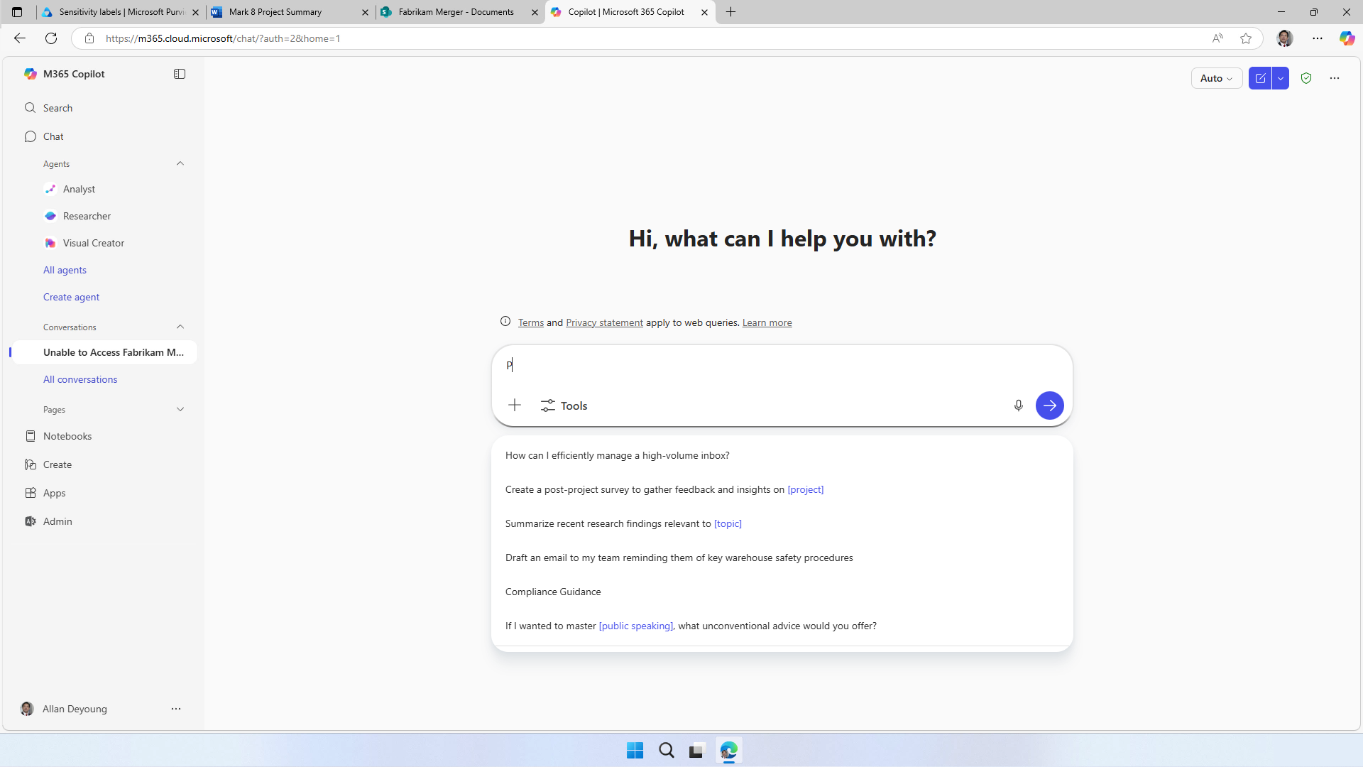 Microsoft 365 Copilot Chat home screen with the notice 'Terms and Privacy statement apply to web queries. Learn more' shown above the prompt box