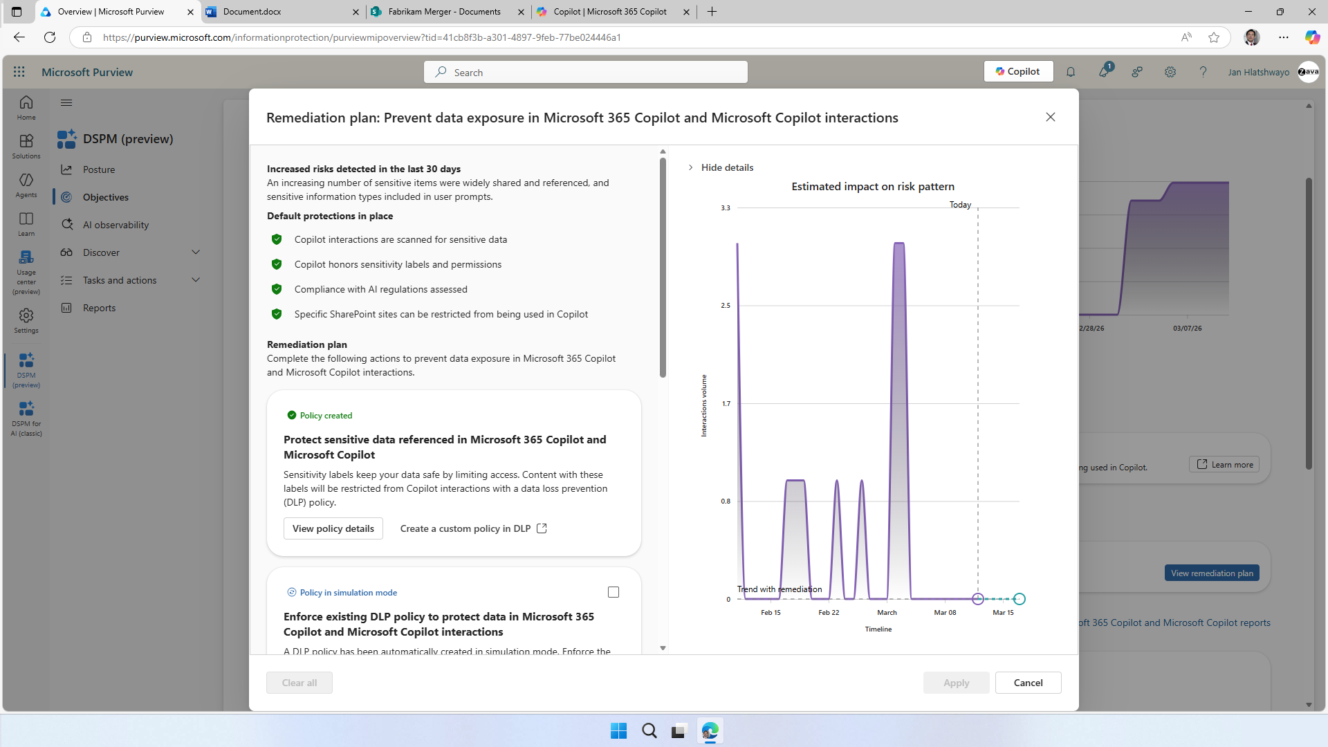 Microsoft Purview DSPM remediation plan titled 'Prevent data exposure in Microsoft 365 Copilot interactions', listing default protections and a created DLP policy that restricts labelled content from Copilot