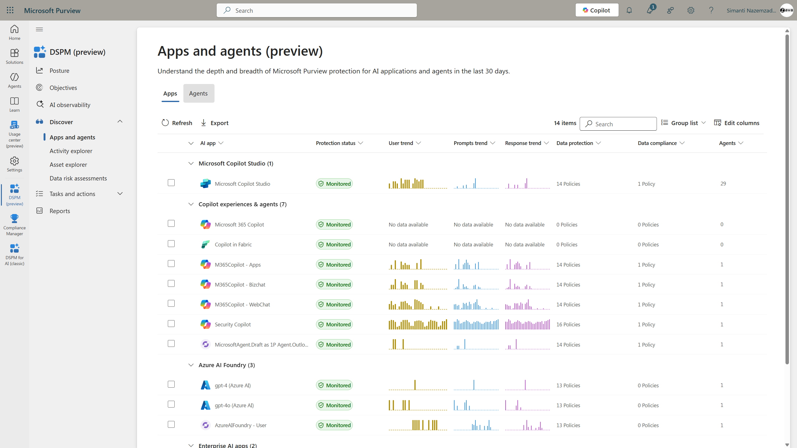 Microsoft Purview DSPM 'Apps and agents' inventory listing Microsoft 365 Copilot, Copilot BizChat and WebChat, Security Copilot and Azure AI Foundry models, each marked Monitored with policy counts