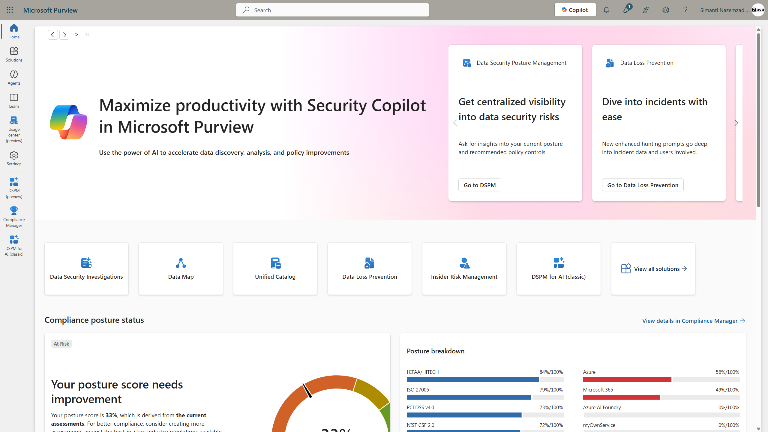 Microsoft Purview home page showing a compliance posture score of 33 percent and a posture breakdown across HIPAA, ISO, PCI DSS and NIST standards