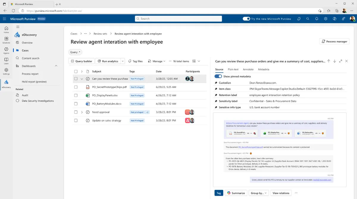 Microsoft Purview eDiscovery review set showing a Copilot interaction, with metadata including the Copilot item class, a retention label and a Confidential sensitivity label