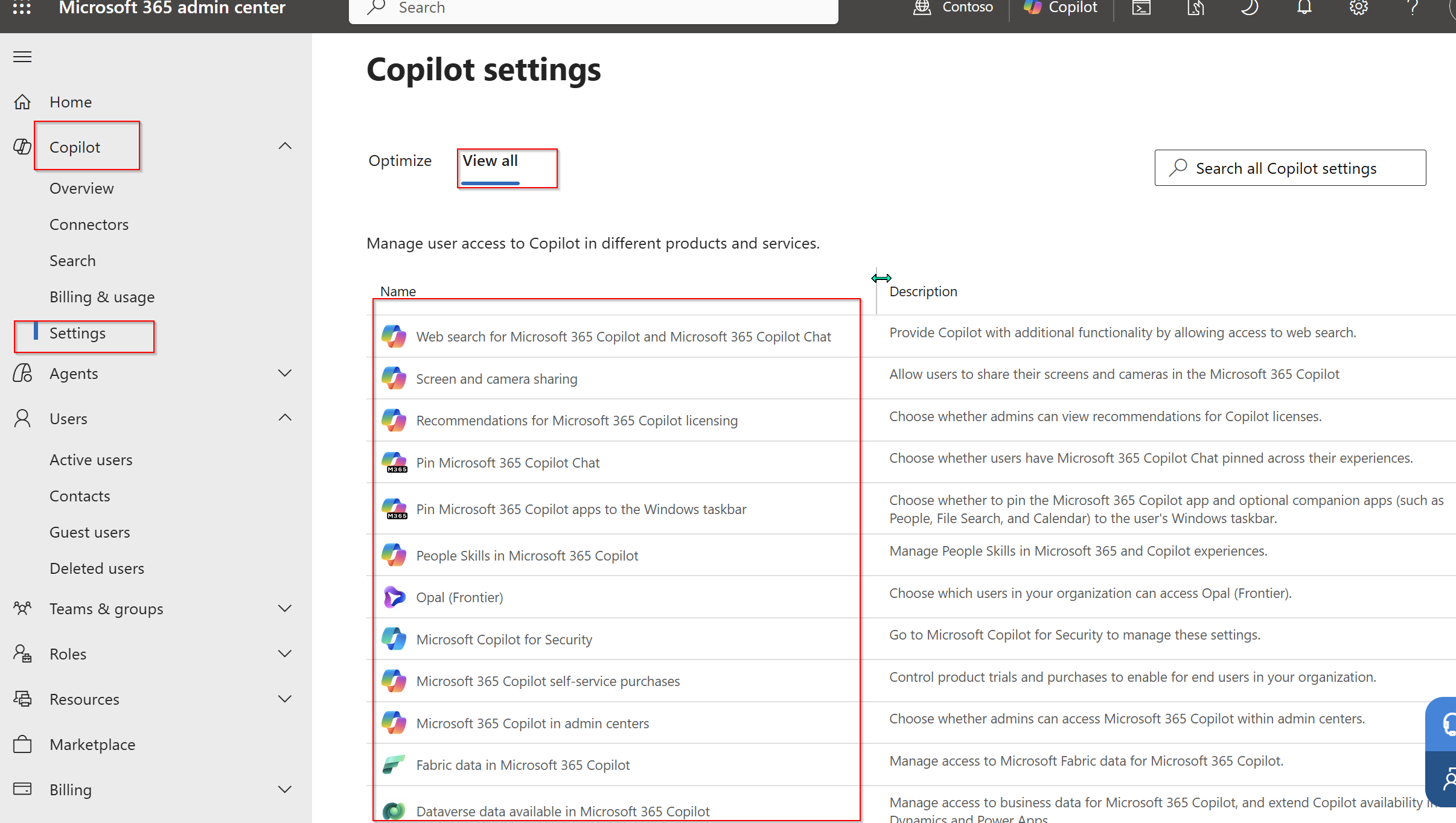Microsoft 365 admin center Copilot settings list with 'Web search for Microsoft 365 Copilot and Copilot Chat' shown as the first control