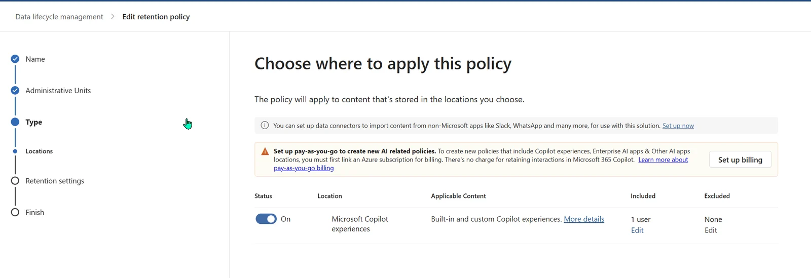 Microsoft Purview Data Lifecycle Management new retention policy wizard on the Choose where to apply step, with the 'Microsoft Copilot experiences' location toggled On for built-in and custom Copilot experiences