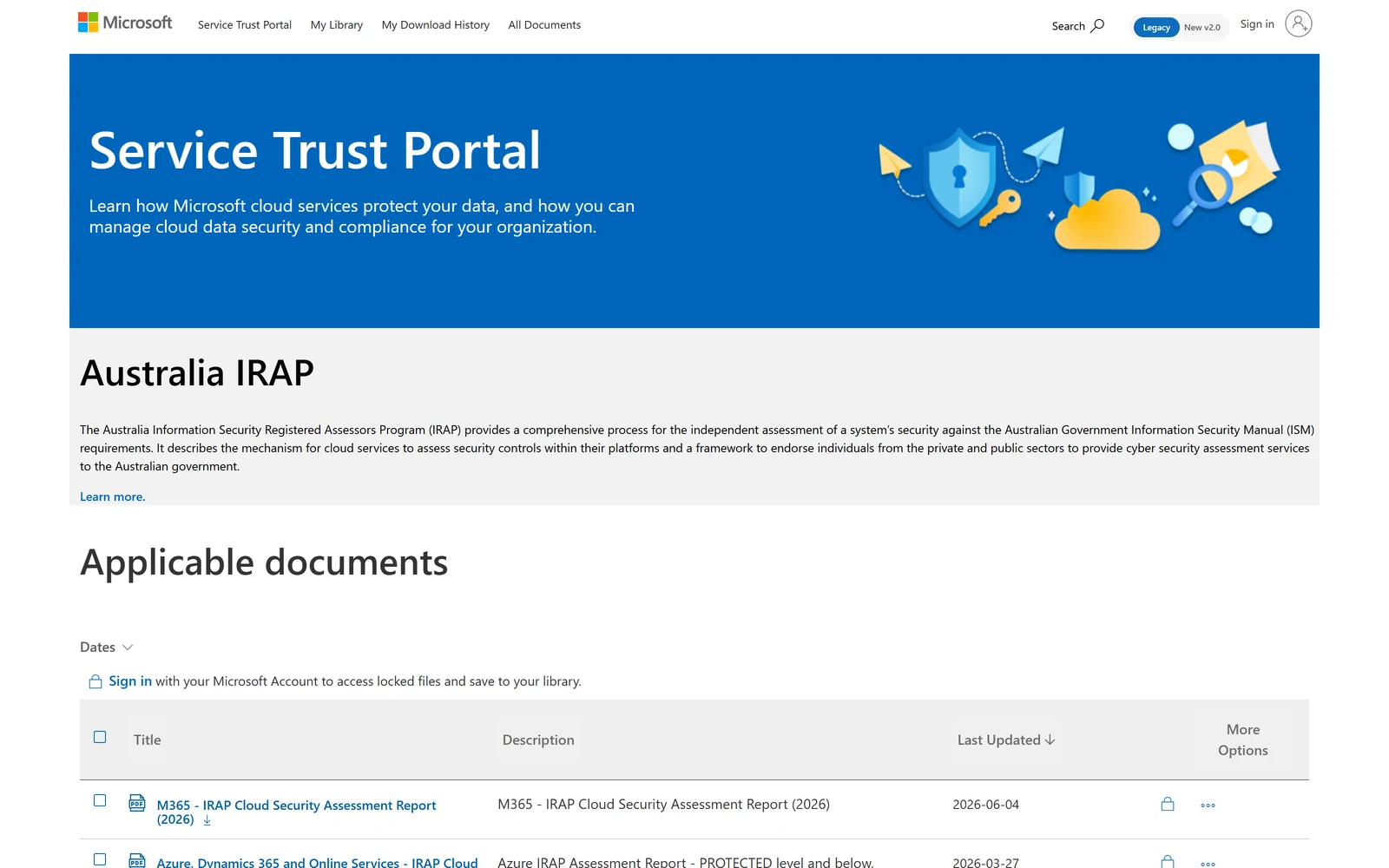 The Microsoft Service Trust Portal Australia IRAP page listing applicable assessment documents, including an M365 IRAP Cloud Security Assessment Report dated 2026 and an Azure, Dynamics 365 and Online Services IRAP report