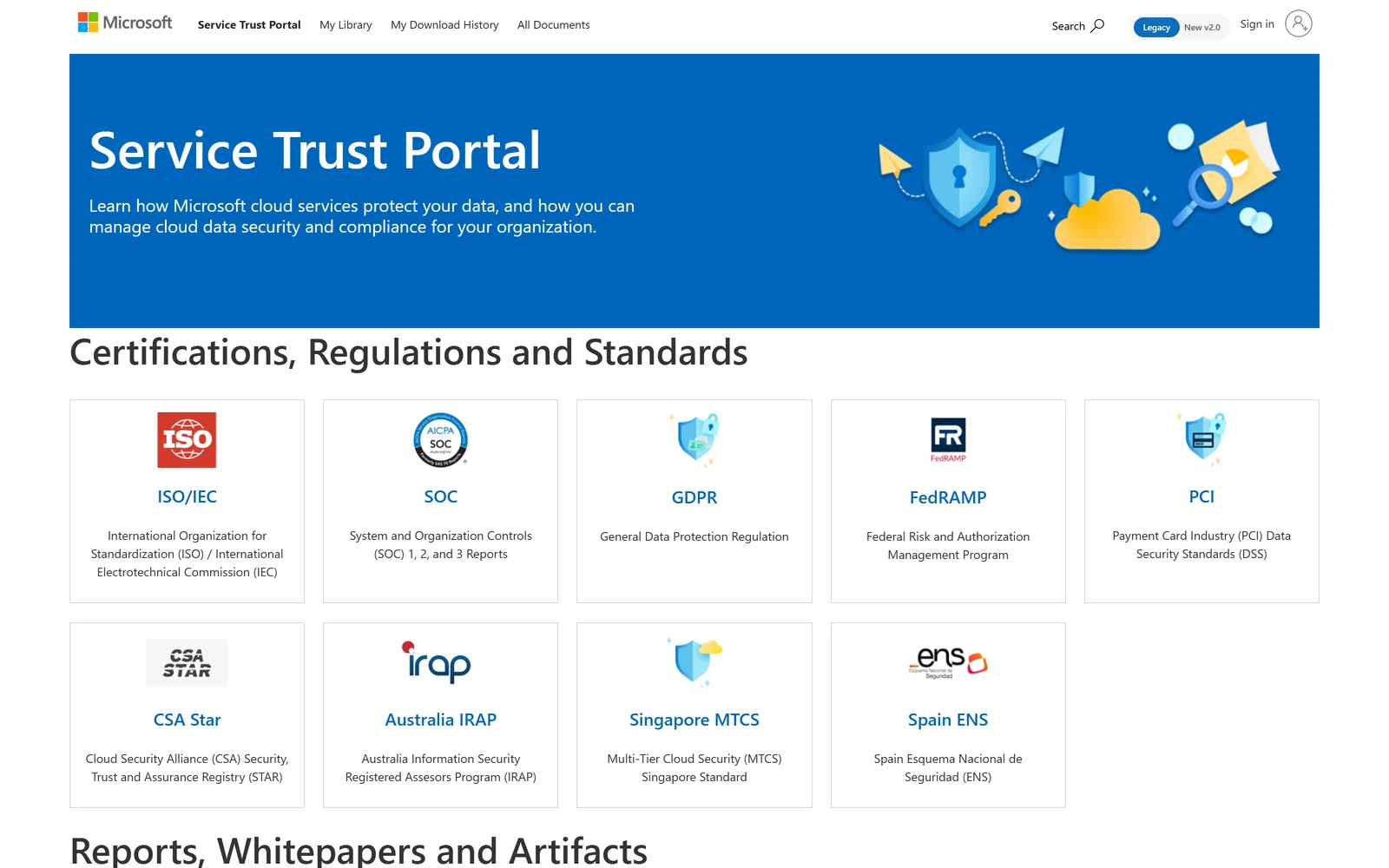 The Microsoft Service Trust Portal home page showing the Certifications, Regulations and Standards section with tiles for ISO/IEC, SOC, GDPR, FedRAMP, PCI, CSA Star, Australia IRAP, Singapore MTCS and Spain ENS