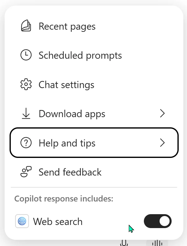 Microsoft 365 Copilot Chat menu showing a 'Copilot response includes: Web search' toggle switched on