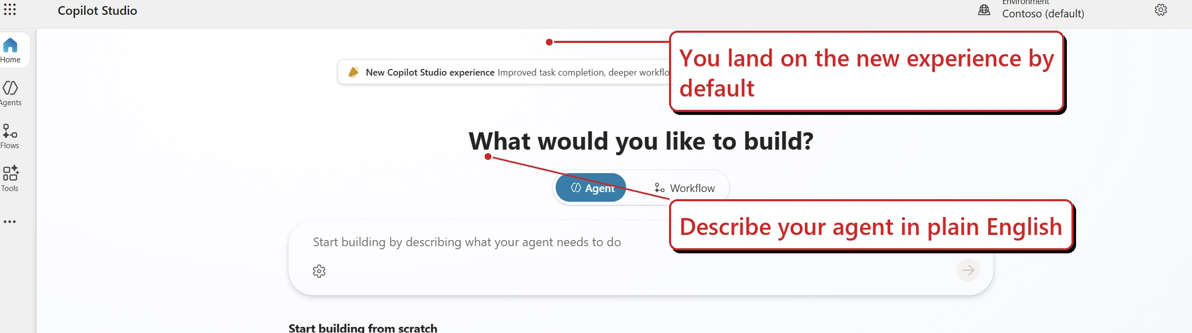 The new Copilot Studio home experience with a 'New Copilot Studio experience — Try now' banner and a natural-language box reading 'Start building by describing what your agent needs to do'.