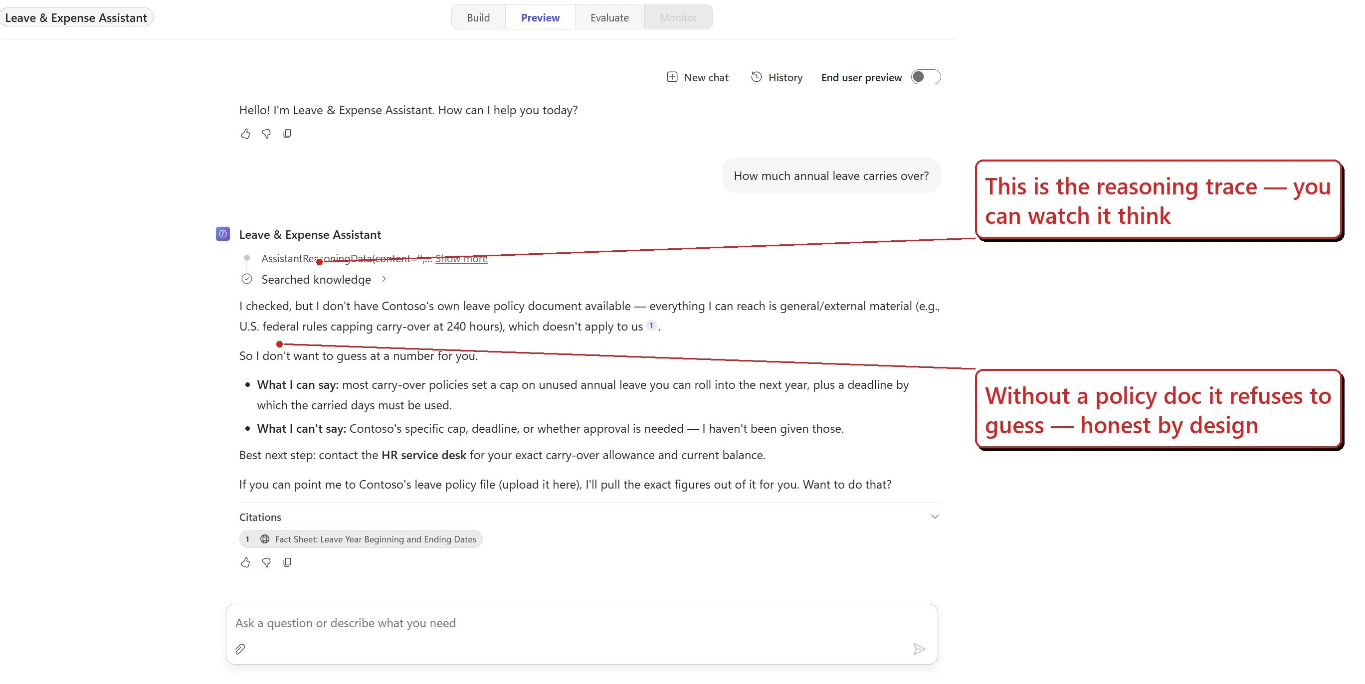 The Preview tab testing the agent — showing a reasoning trace, a knowledge search, and an honest answer where the agent declines to guess a number it hasn't been given.