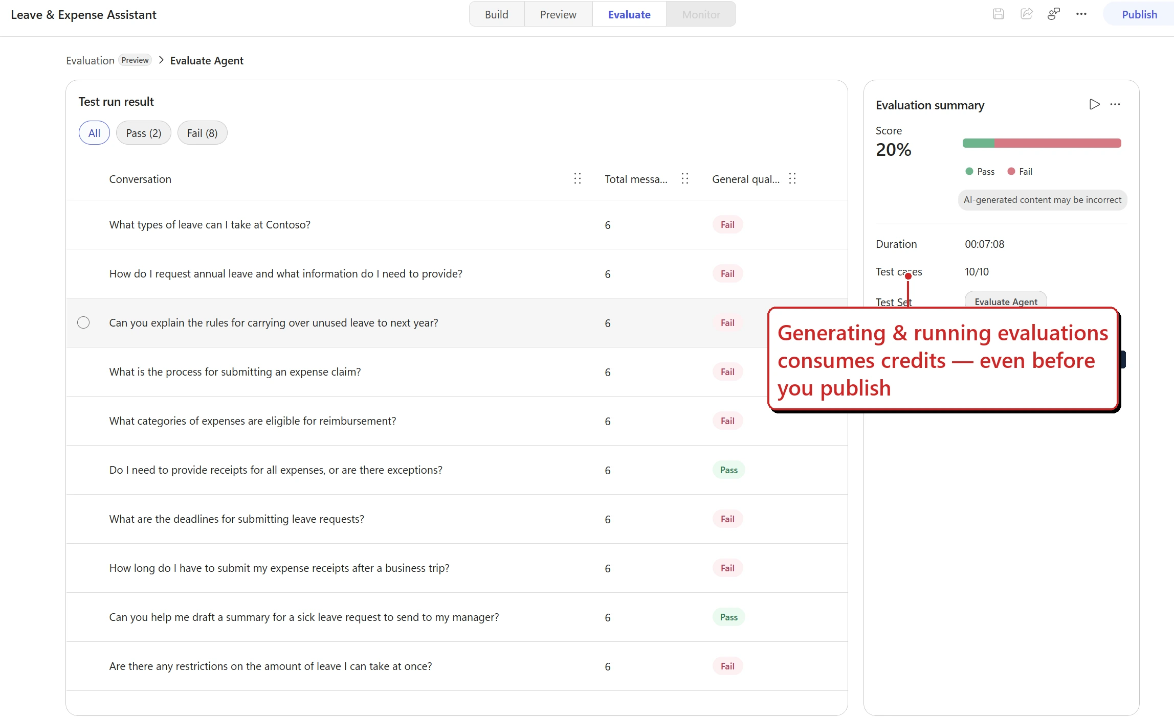 The Evaluate tab results — a test run of 10 auto-generated conversations scored for general quality, with a 20% pass rate, over a 7-minute run.