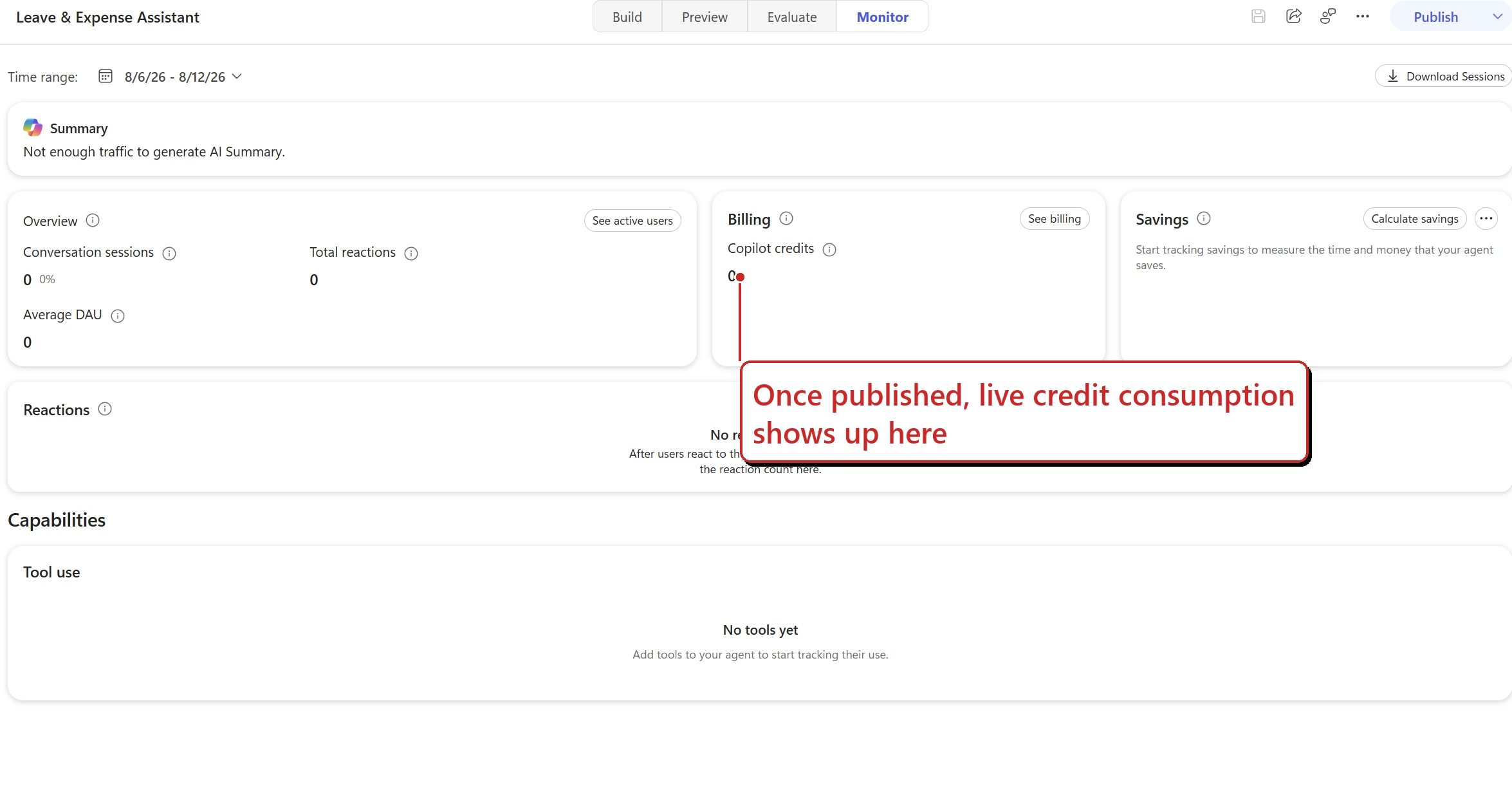 The Monitor tab for the agent, showing Overview, a Billing card with a Copilot credits figure, Savings, Reactions, and Tool use sections, with a time-range picker and Download Sessions button.