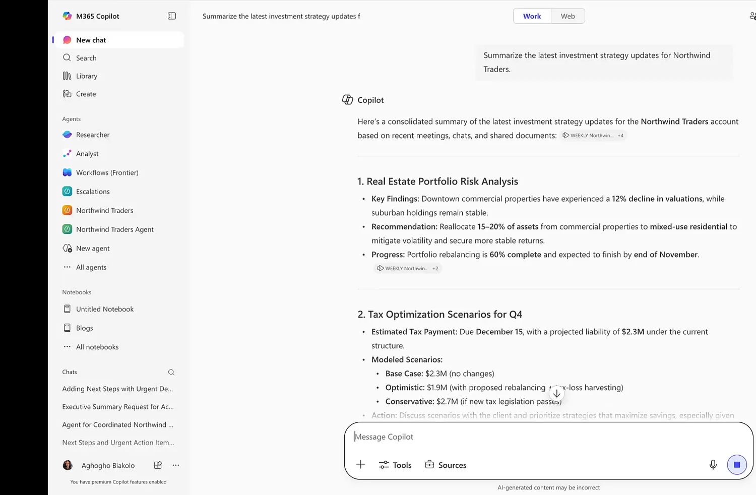 The Microsoft 365 Copilot app answering a typed work question about the latest Northwind Traders investment strategy updates. Copilot returns a consolidated, cited summary with sections titled Real Estate Portfolio Risk Analysis and Tax Optimization Scenarios for Q4, each with bullet findings and recommendations. The left sidebar shows Chat and an Agents list including Researcher and Analyst.