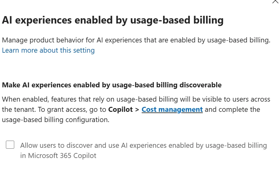 Microsoft 365 admin center side panel titled AI experiences enabled by usage-based billing, with a checkbox to Allow users to discover and use AI experiences enabled by usage-based billing in Microsoft 365 Copilot.
