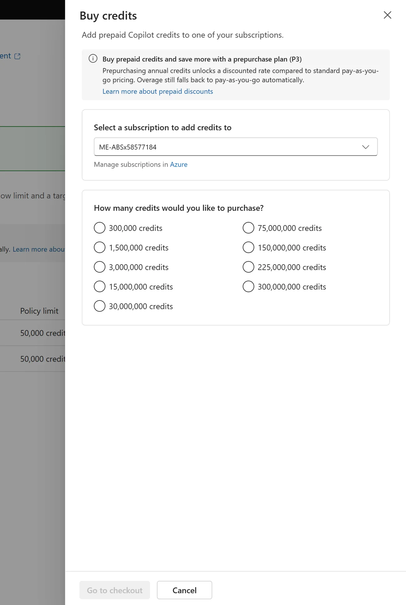 Buy credits panel in the Microsoft 365 admin center showing Buy prepaid credits and save more with a prepurchase plan (P3), a subscription selector, and credit-amount options from 300,000 up to 300,000,000 credits, with a Go to checkout button.
