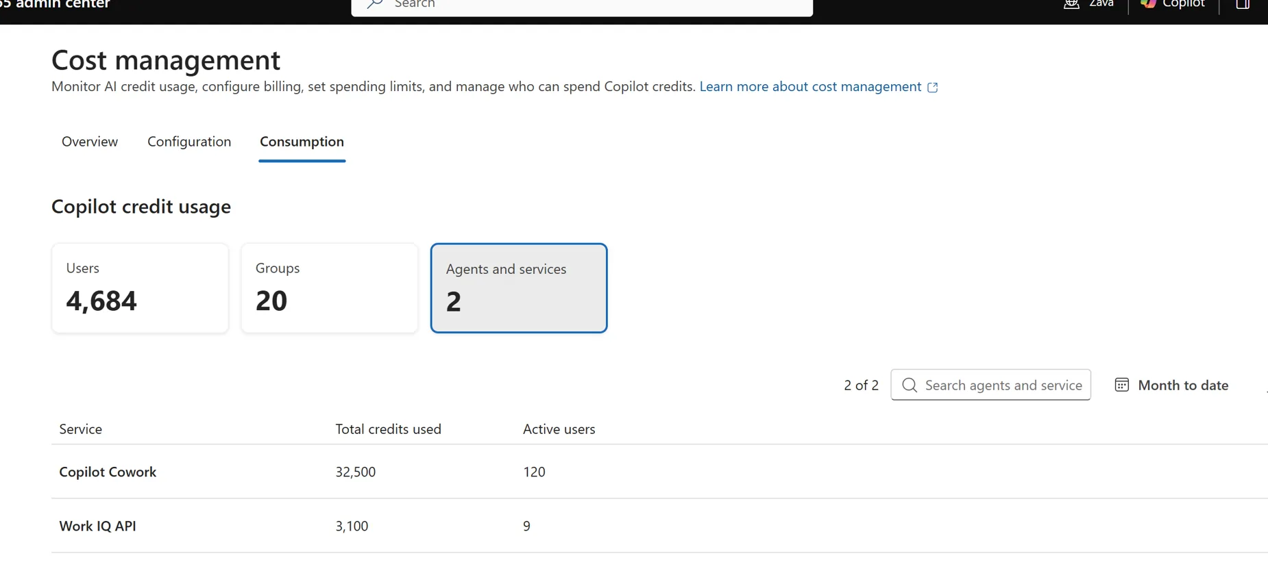 Cost management Consumption tab pivoted to Agents and services, listing Copilot Cowork with 32,500 credits used by 120 active users and the Work IQ API with 3,100 credits used by 9 active users.
