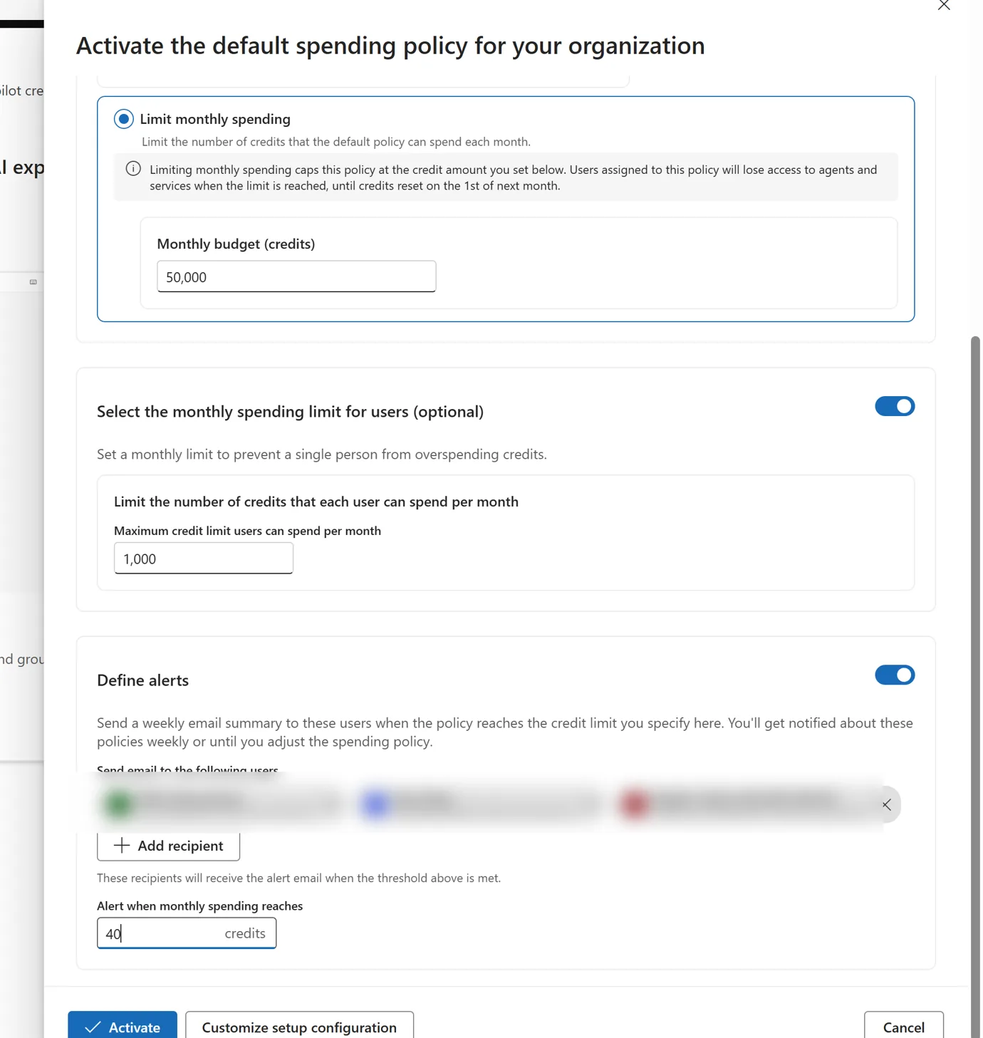 Activate the default spending policy panel — Limit monthly spending selected with a 50,000-credit monthly budget, an optional per-user cap of 1,000 credits, Define alerts switched on with recipients, an alert threshold, and Activate and Cancel buttons.