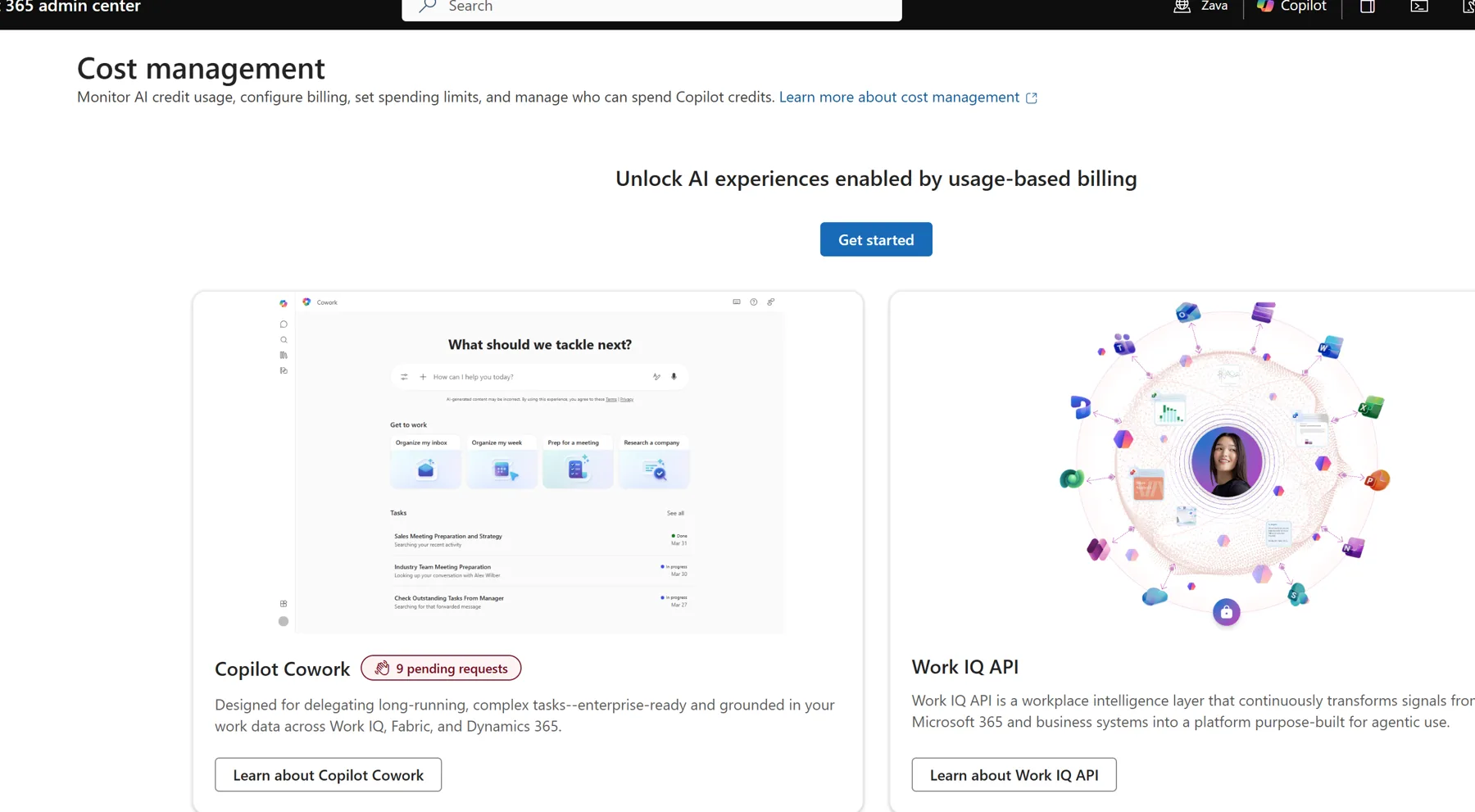 Microsoft 365 admin center Cost management page with an Unlock AI experiences enabled by usage-based billing heading, a Get started button, and two cards — Copilot Cowork (showing 9 pending requests) and Work IQ API.