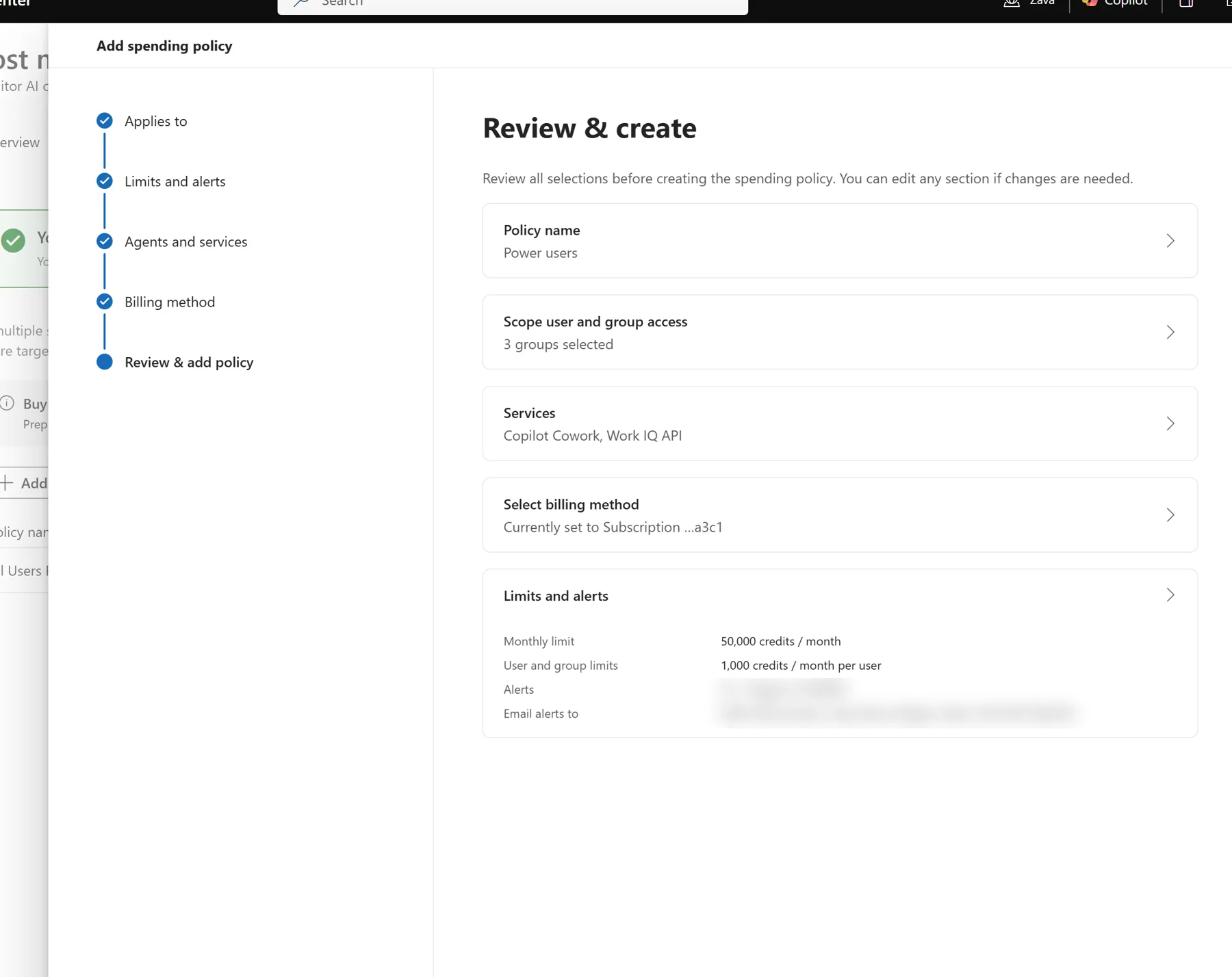 Add spending policy wizard, Review and create step, summarising the policy — Policy name Power users, Scope 3 groups selected, Services Copilot Cowork and Work IQ API, the billing-method subscription, and Limits and alerts of 50,000 credits per month and 1,000 credits per month per user.