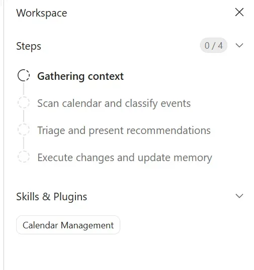 The Cowork Workspace panel showing the task broken into steps (0 of 4) — gathering context, scanning the calendar, triaging recommendations, and executing changes