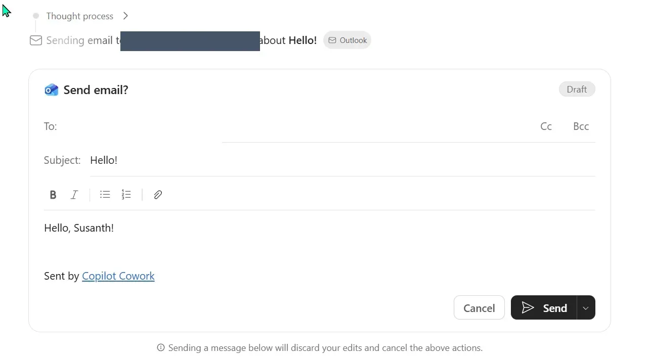 A Cowork approval checkpoint — a 'Send email?' card with a draft and editable body, and Cancel / Send buttons, shown before the action runs